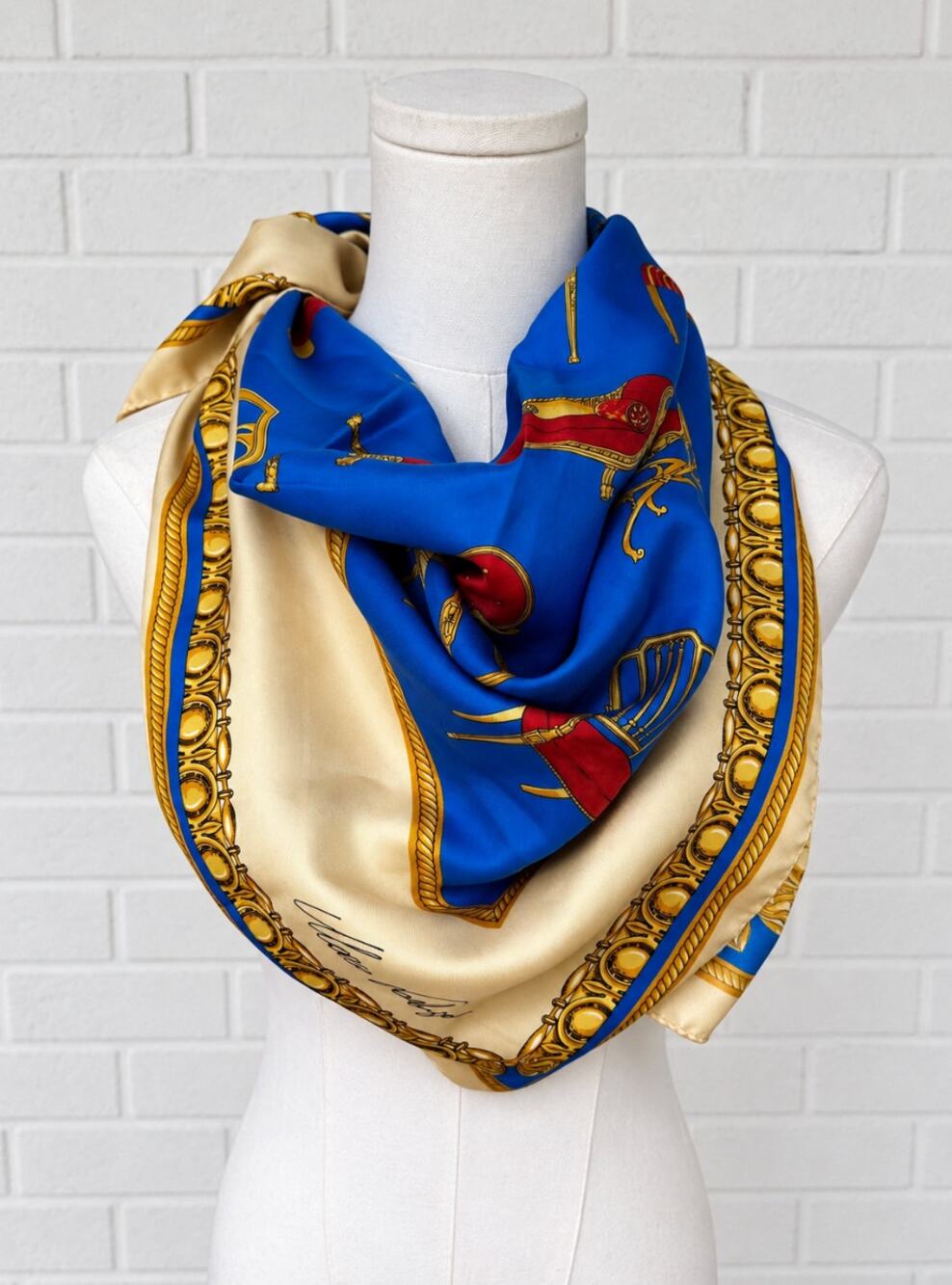 Vintage Mario Voeluza Silk Scarf 34" Square Blue Antique Chairs Motif Fine EUC